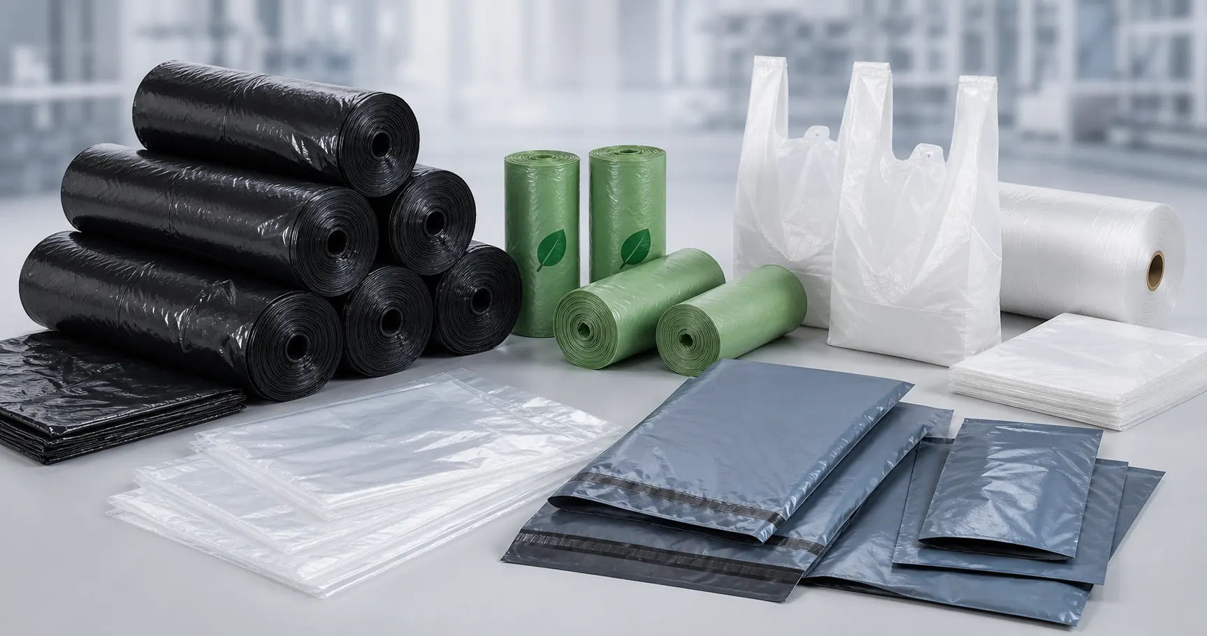 Household garbage bags and trash bag rolls from HDPE and LDPE factory